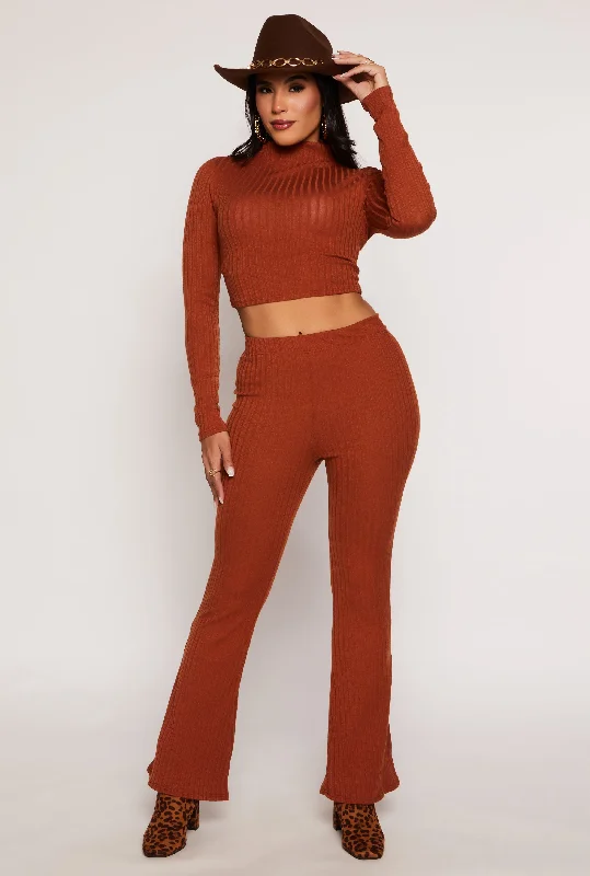 Ribbed Knit High Waist Flare Pants