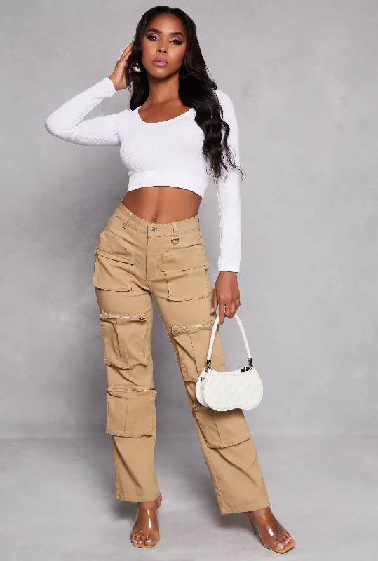 Stretch High Waisted Wide Leg Cargo Pants