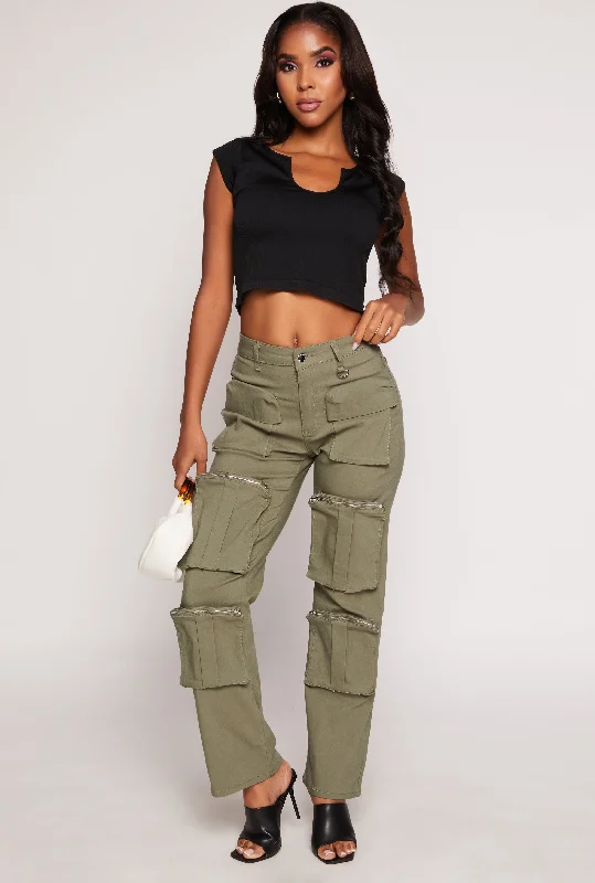 Stretch High Waisted Wide Leg Cargo Pants