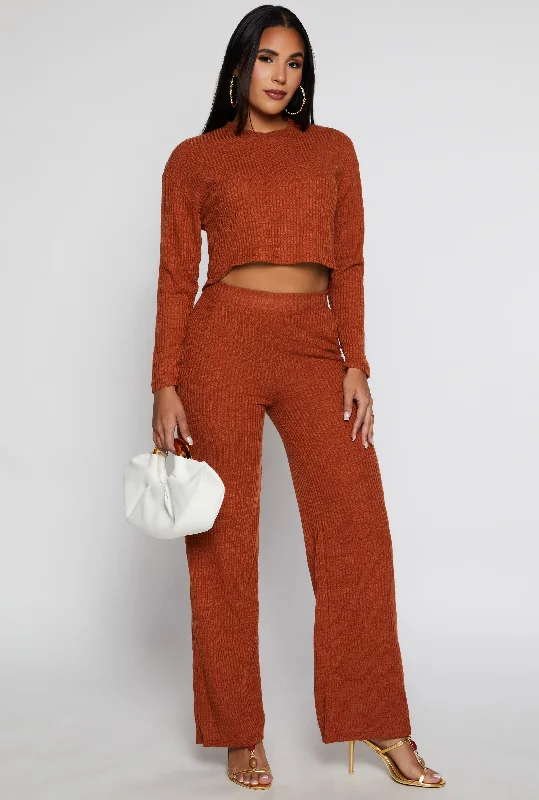 Ribbed Knit High Waisted Wide Leg Pants